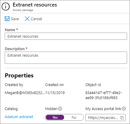 Screenshot of an edit access package properties screen