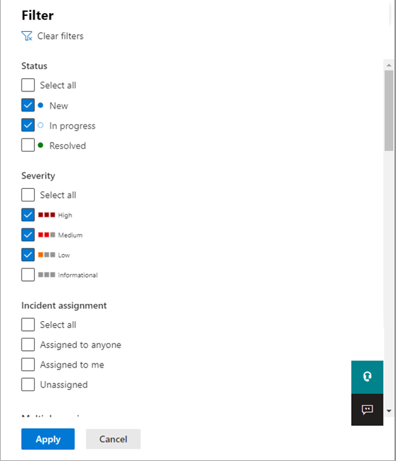 The Filters pane of the Incidents & alerts section in the Microsoft 365 Defender portal