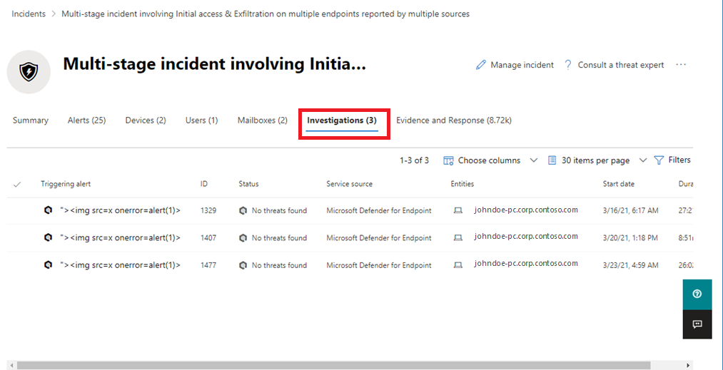 The Investigations page for an incident in the Microsoft 365 Defender portal