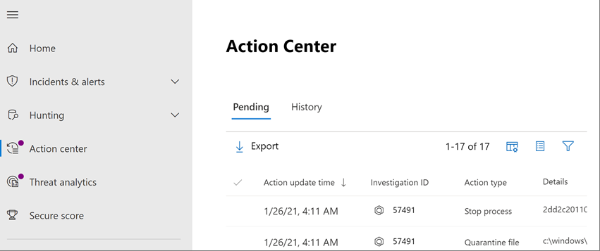 The Unified Action center in the Microsoft 365 Defender portal