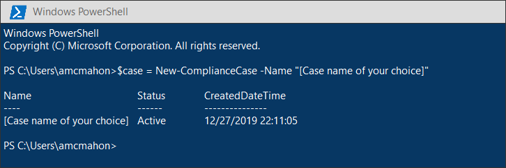Example of running the New-ComplianceCase command.