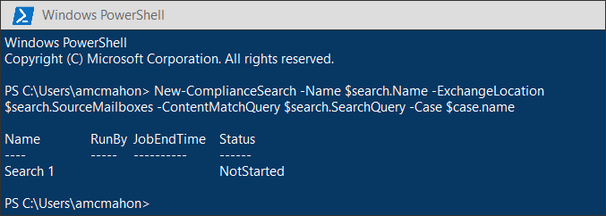 PowerShell New-ComplianceSearch example.