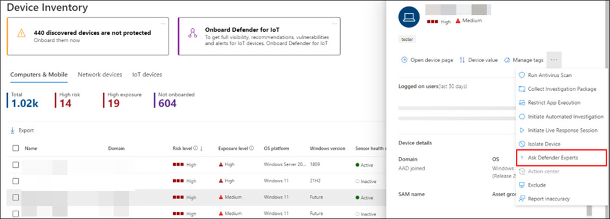 Screenshot of the Ask Defender Experts menu option in the Device inventory page flyout menu in the Microsoft 365 Defender portal.
