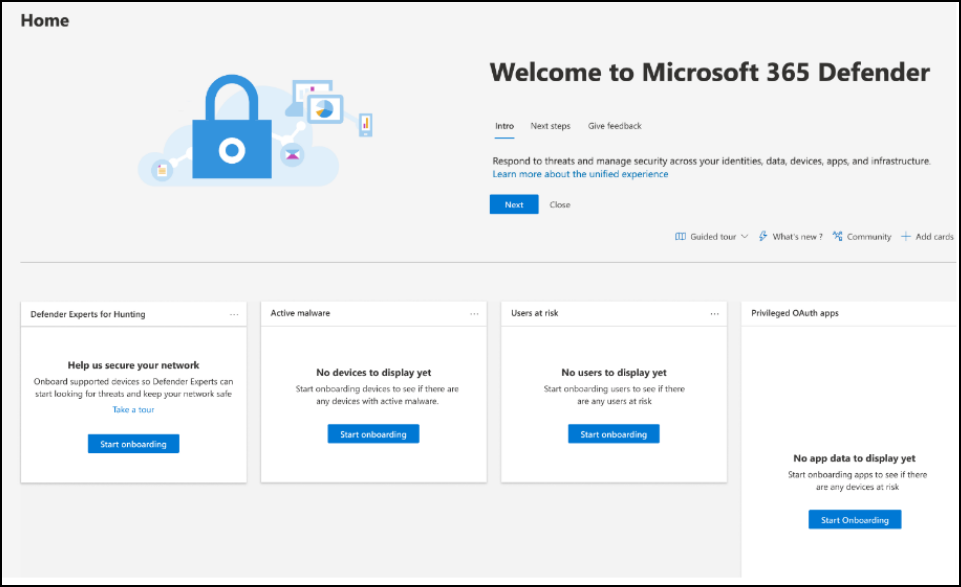 Screenshot of the Microsoft 365 Defender welcome page with a card for the Defender Experts for Hunting service.