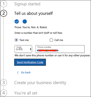 The Office 365 E5 trial registration setup page asking for verification preference