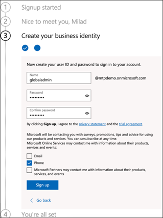 The Office 365 E5 trial registration setup page where you can set your business identity
