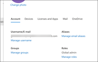 The Microsoft 365 Admin Center page where you can select Account and Manage username