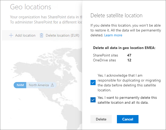 Screenshot of multi-geo admin center showing delete geo location UI.
