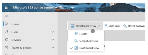 Screenshot: Choose Health from Microsoft 365 admin center View menu