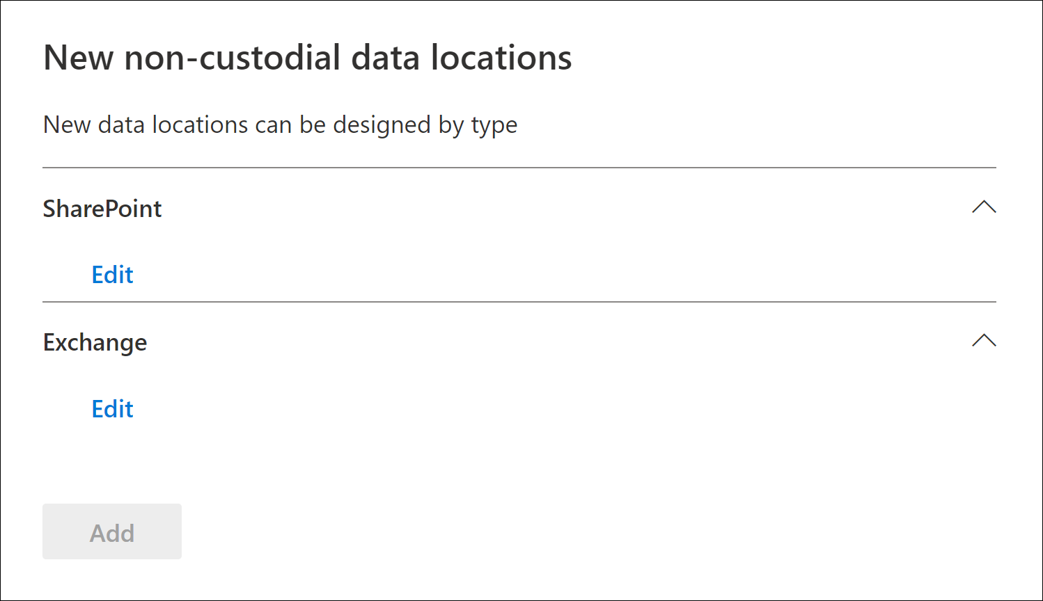 Add SharePoint sites and Exchange mailboxes as non-custodial data sources.