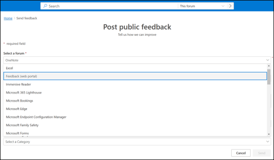 Screenshot: Send feedback on the feedback web portal