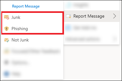 The Junk and Phishing option in the Report Message pane