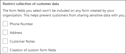 Screenshot: Select the checkboxes to help prevent customers from sharing sensitive data with you