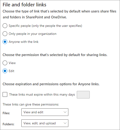 Screenshot of SharePoint organization-level files and folders sharing settings