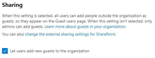 Screenshot of the security and privacy guest sharing setting in the  Microsoft 365 admin center.