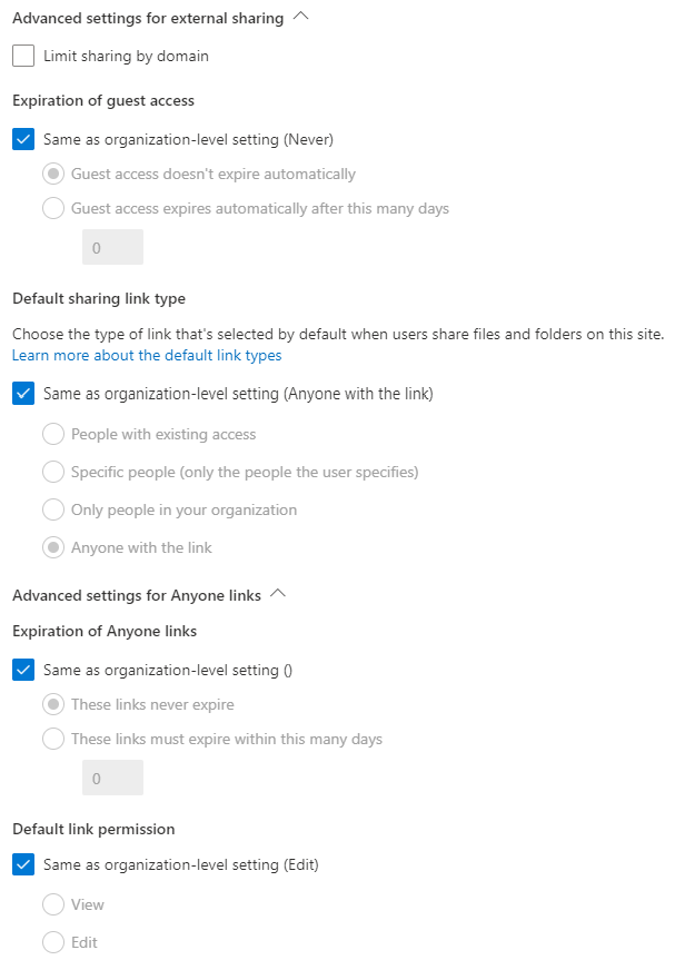Screenshot of SharePoint site-level link sharing settings.