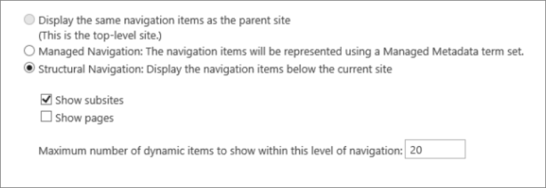 Structural navigation with Show Subsites selected.