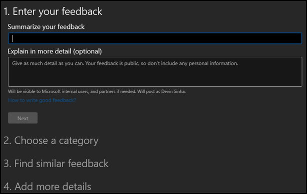 Screenshot: Page to enter and summarize your feedback