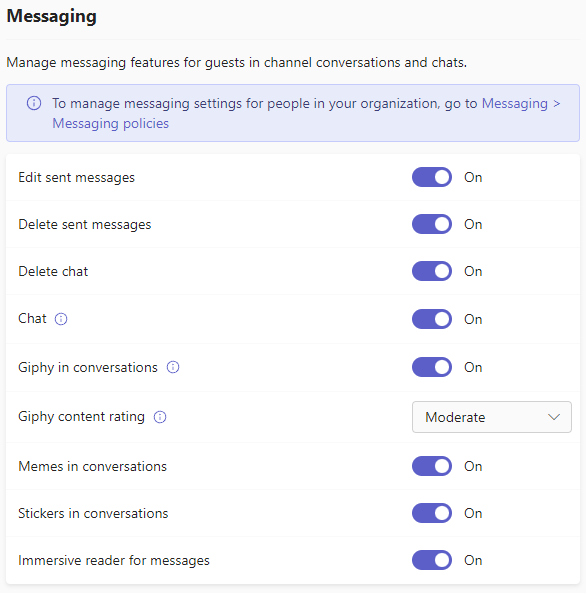 Screenshot of Teams guest messaging settings.