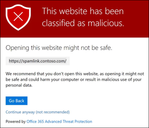 A Safe Links for Teams page reporting a malicious link.