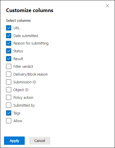 Customize column options for URL admin submissions.