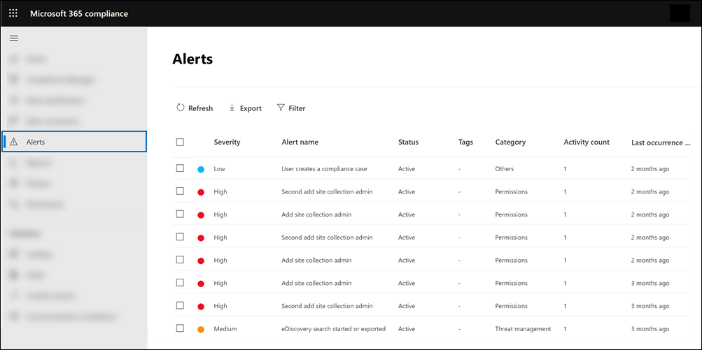 In the compliance portal, select Alerts.