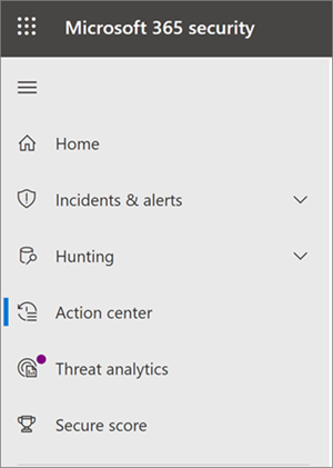 The navigation pane to the Action Center in the Microsoft 365 Defender portal