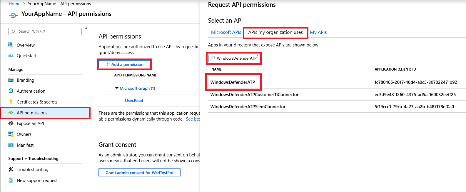 The API permissions option under the Manage pane in the Azure Active Directory portal