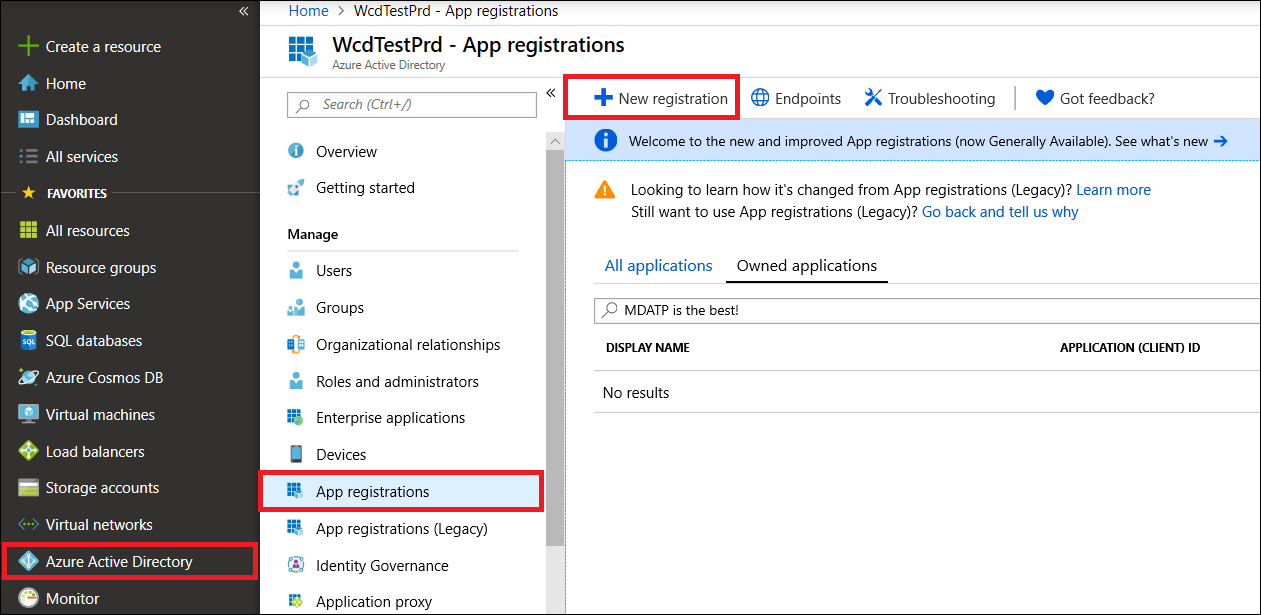 The App registrations option under the Manage pane in the Azure Active Directory portal