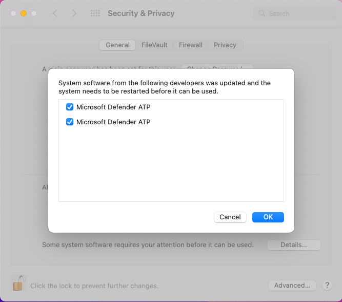 The system extension security preferences1