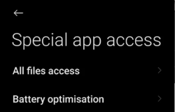 The Special app access pane from which you can select Battery Optimisation