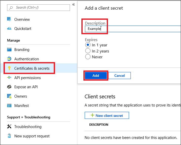 The Certificates & secrets menu item in the Manage pane in the Azure Active Directory portal