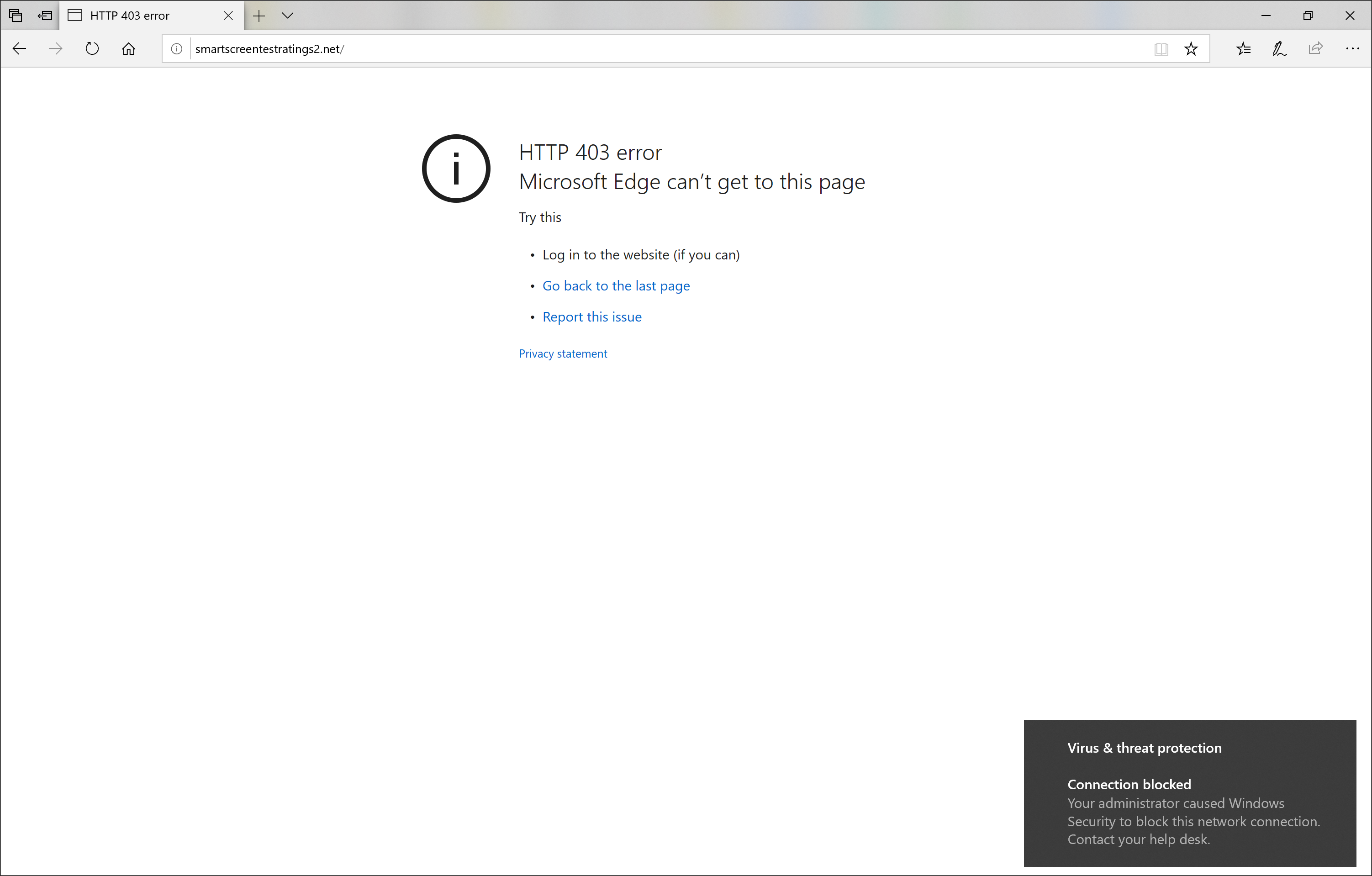 Image of Microsoft Edge showing a 403 error and the Windows notification.