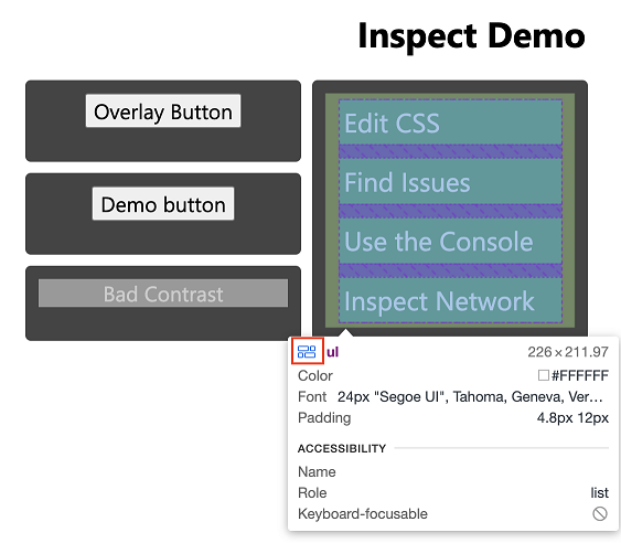 An element that uses CSS flexbox has an extra icon next to its name in the Inspect overlay.