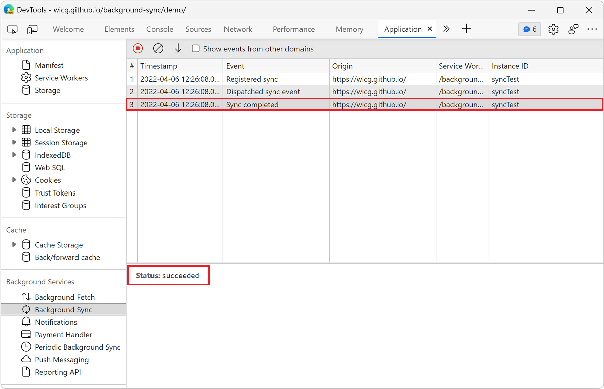 View the details of an event in the Background Sync pane
