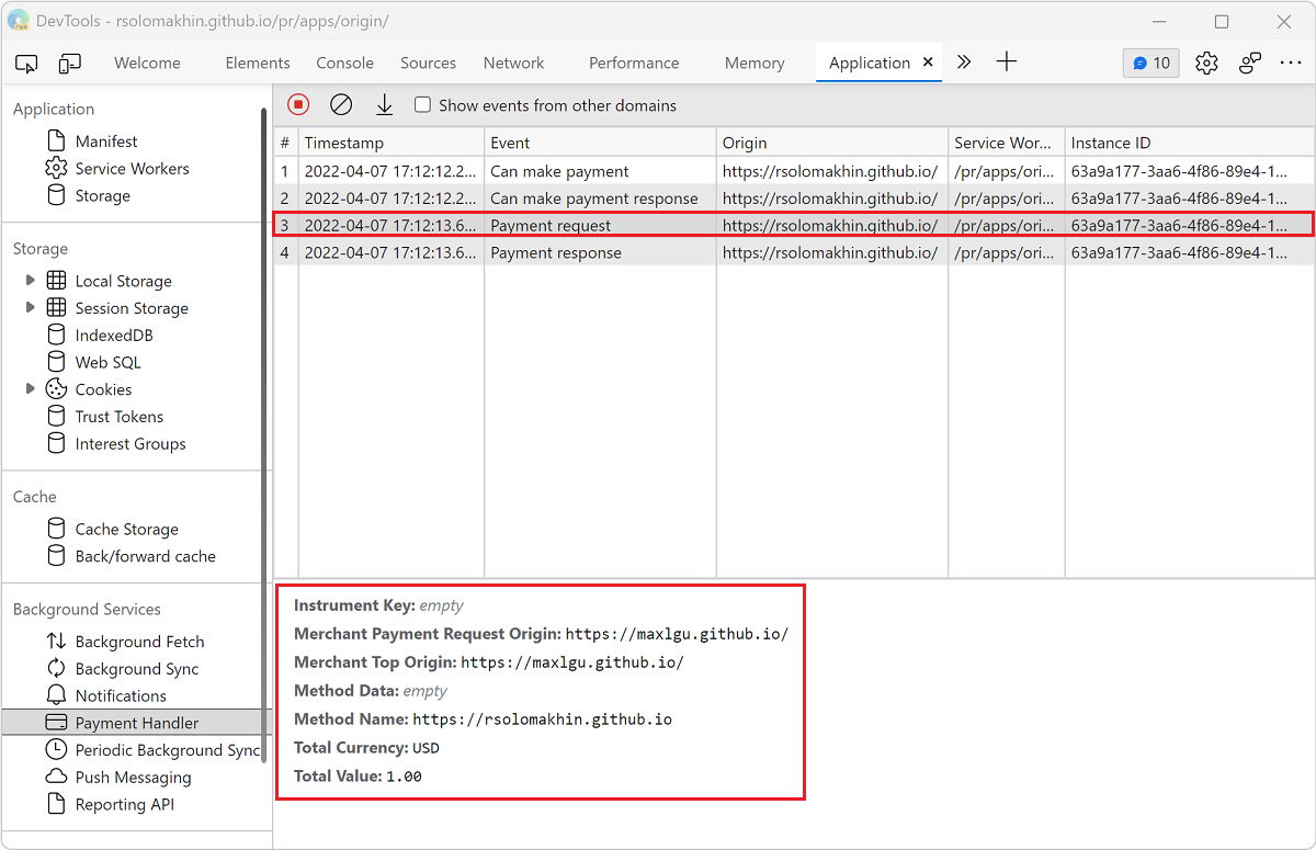 View the details of an event in the Payment Handler pane