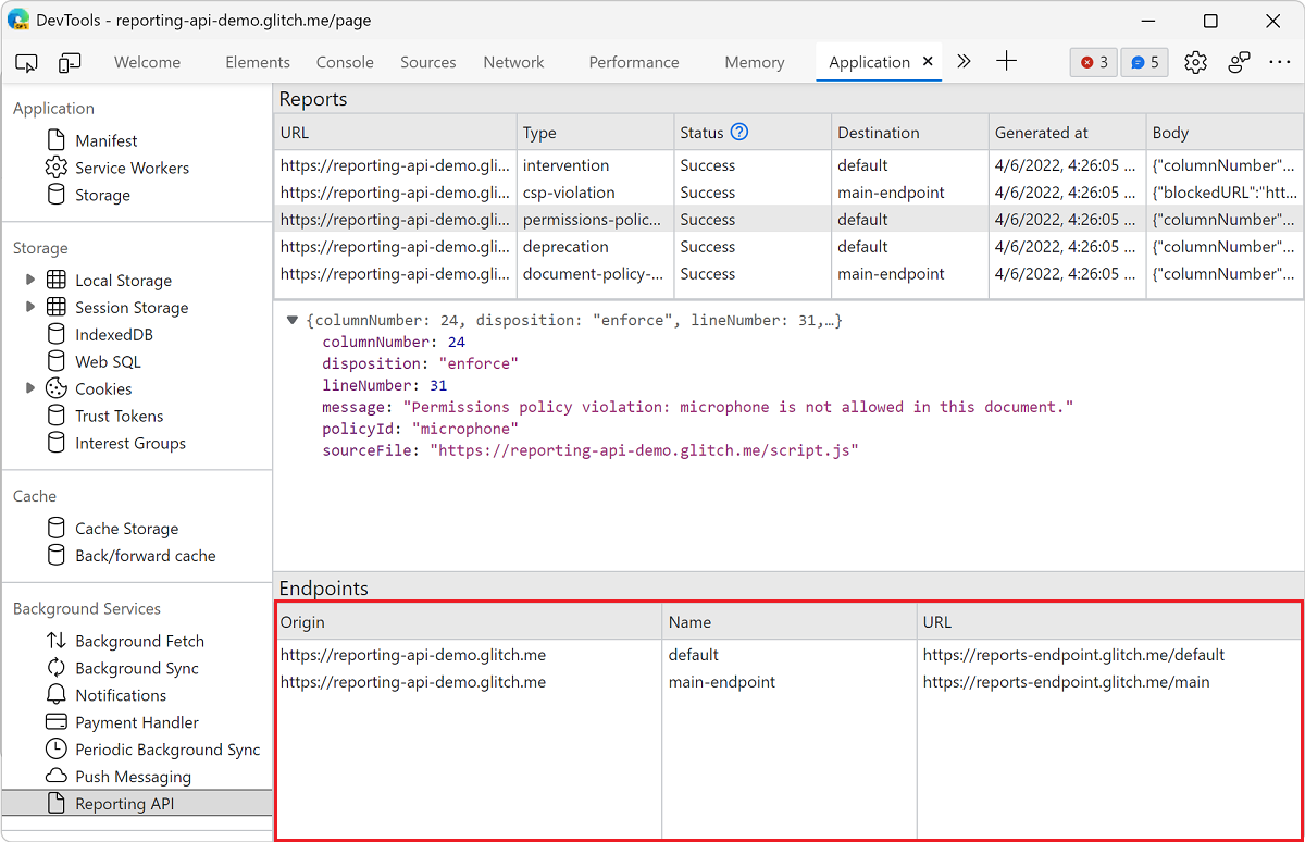 View the list of reporting endpoints in the Reporting API pane