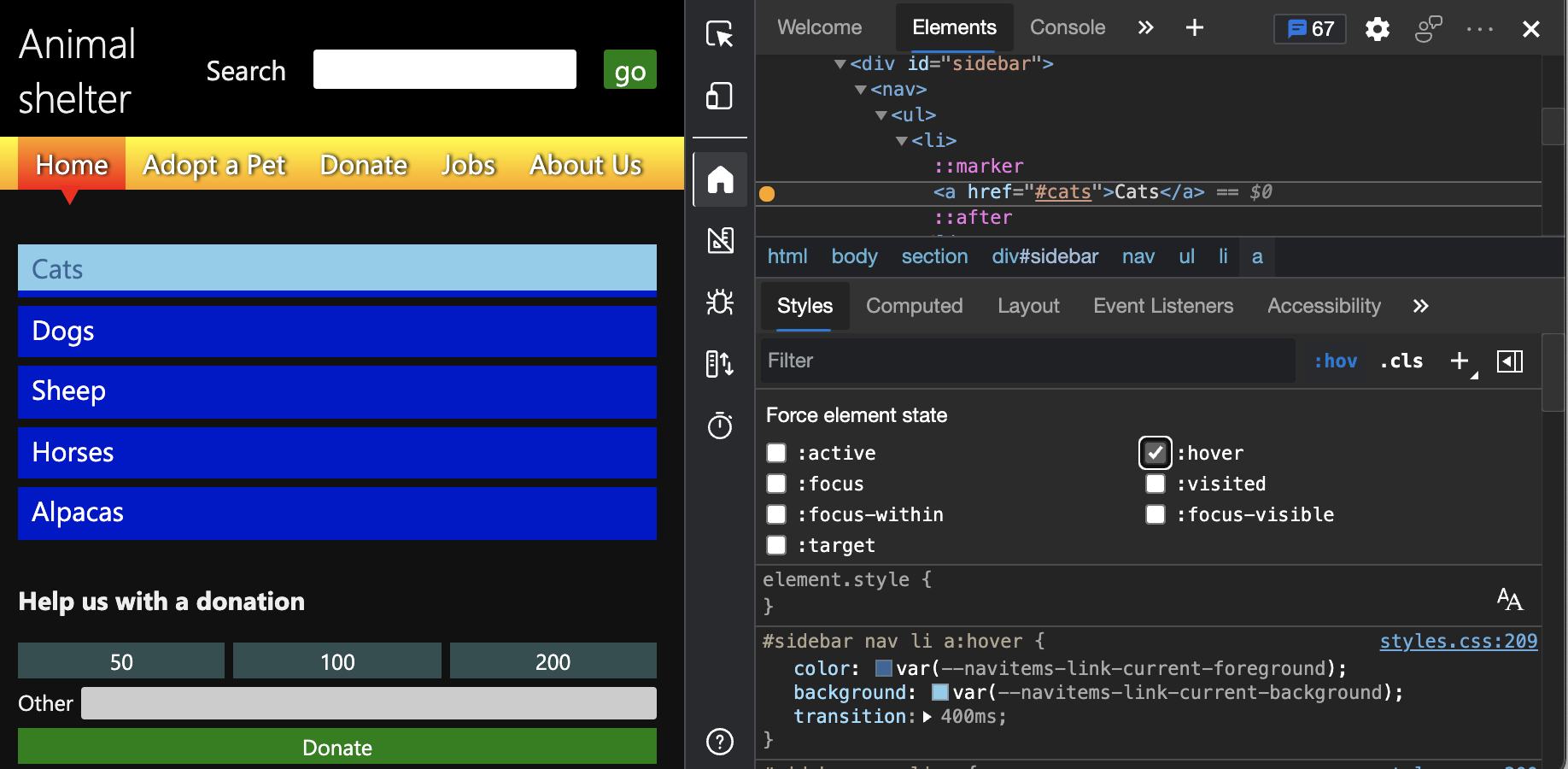 DevTools simulating a hover state.