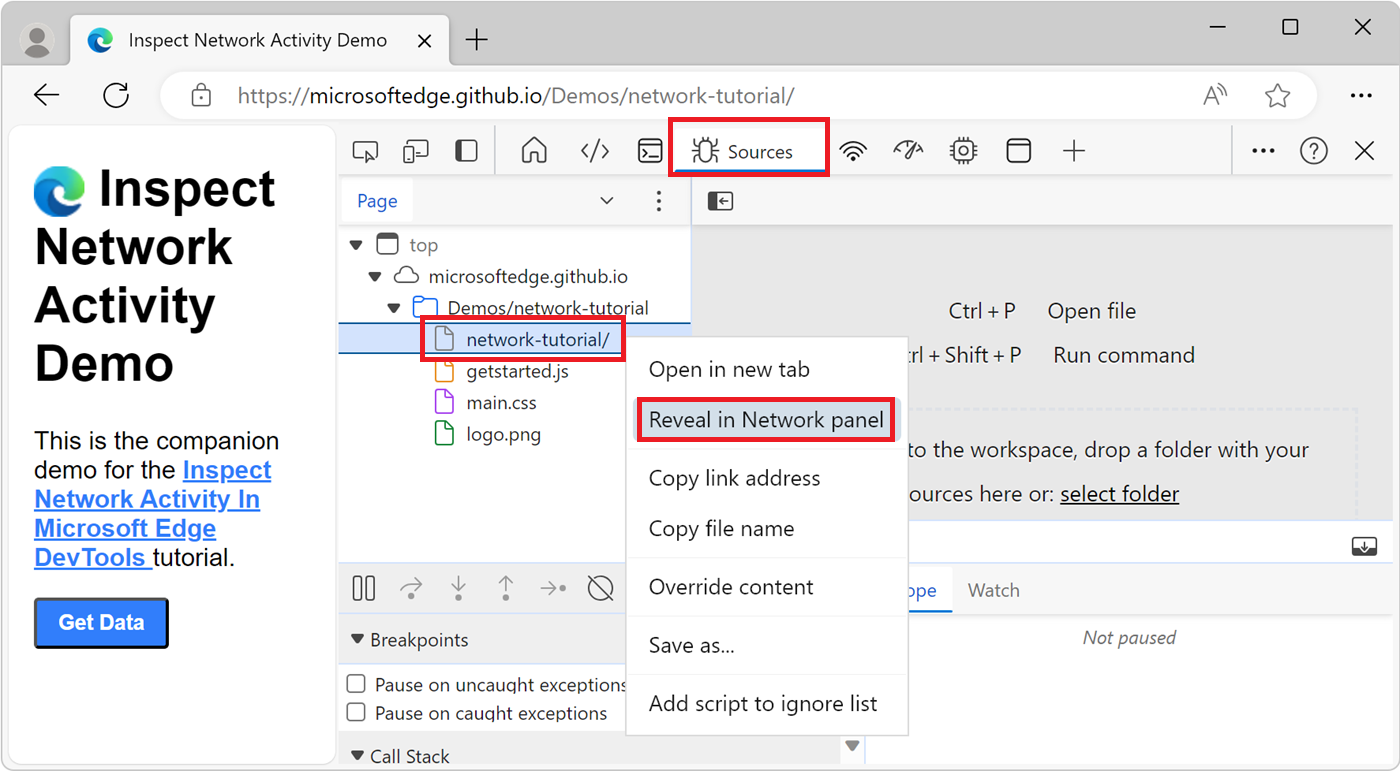 The 'Reveal in Network panel' right-click menuitem on a resource file in the Page tab of the Sources tool