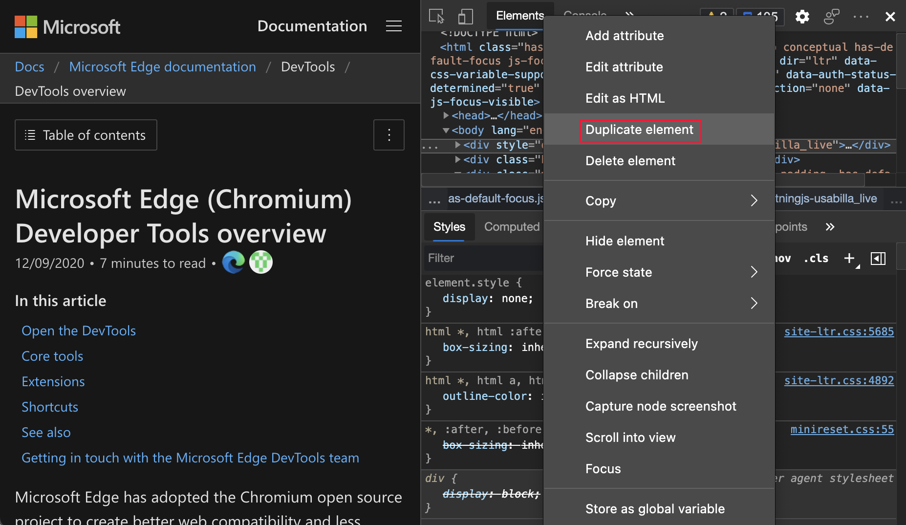 The Duplicate element is highlighted in the context menu on an element in the Elements tool