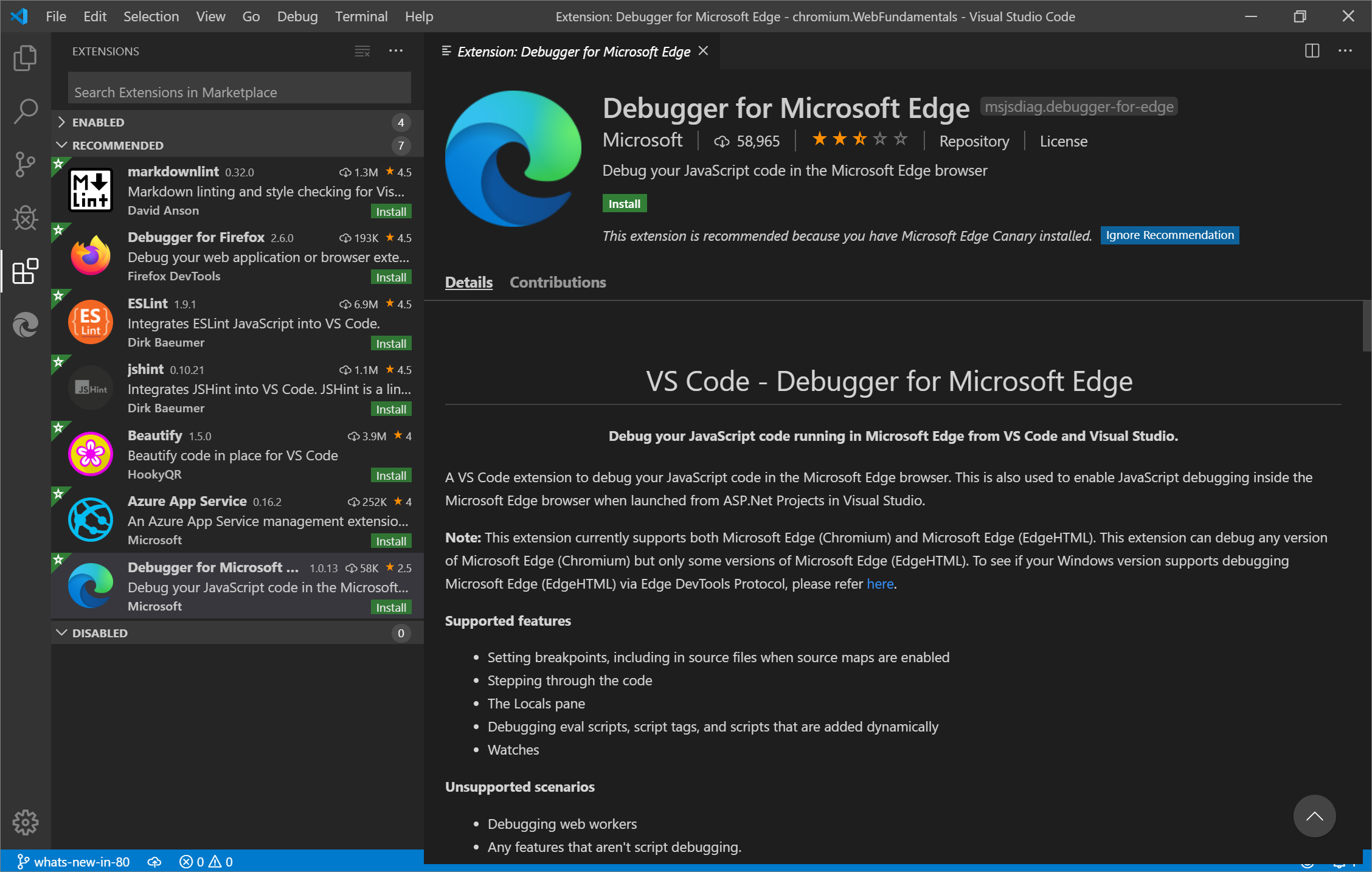 The Debugger for Microsoft Edge Extension in Visual Studio Code