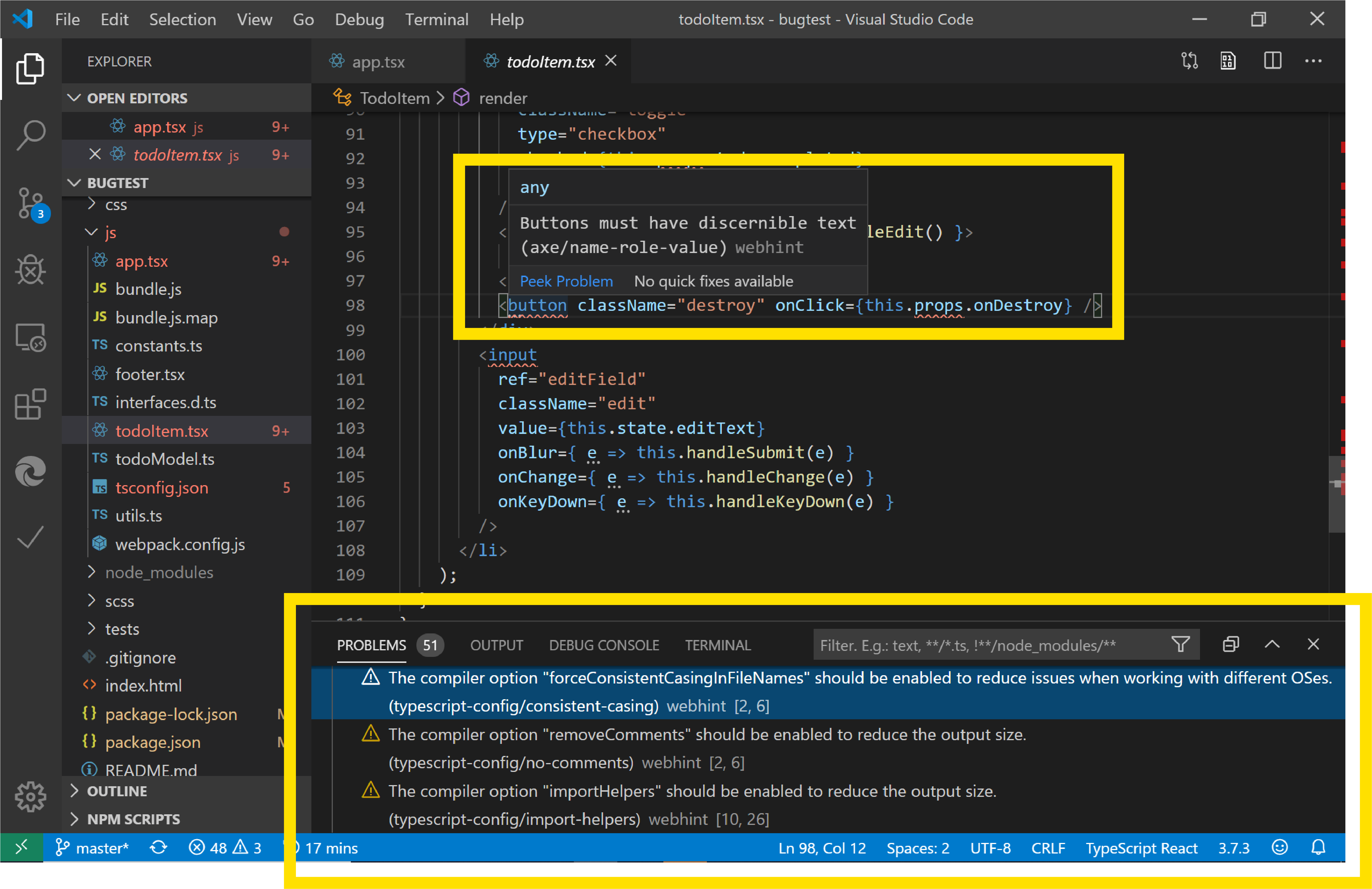 The webhint Visual Studio Code extension analyzing a .tsx file in Visual Studio Code