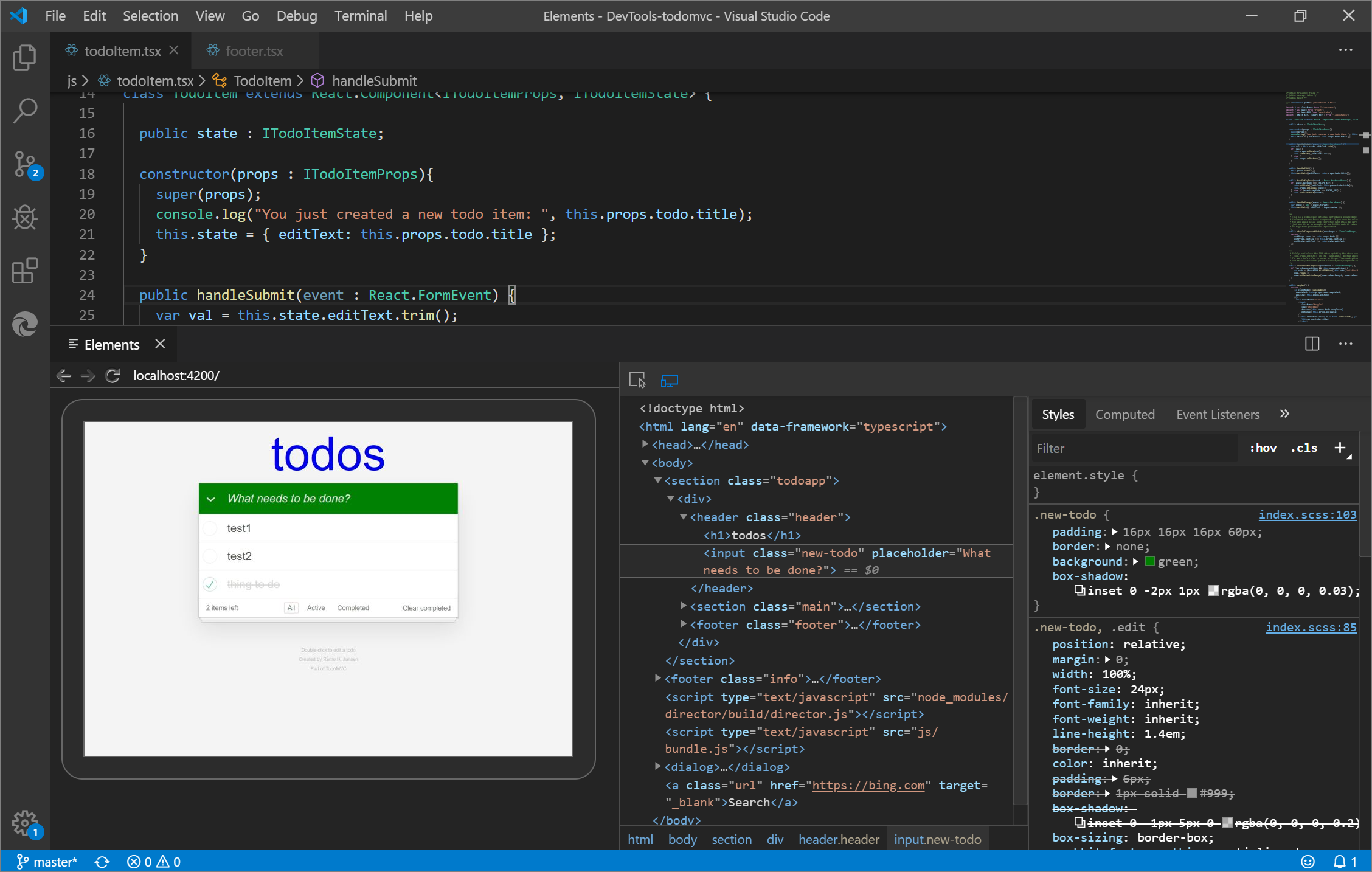 The Elements tool in Visual Studio Code using the Elements for Microsoft Edge extension.