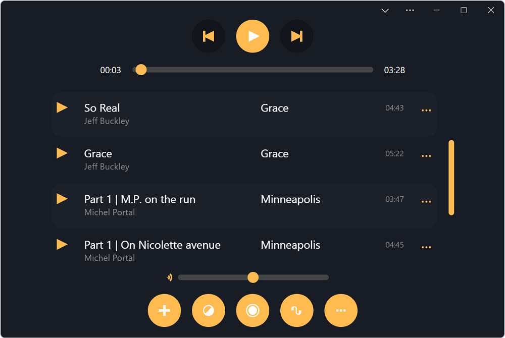 Screenshot of the PWAmp app, showing playback buttons and a list of songs