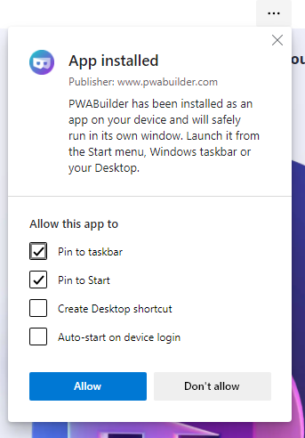 The post-install flyout dialog box with options for Pin to Taskbar, Pin to Start, Create Desktop Shortcut, and Auto-Start on Device Login.