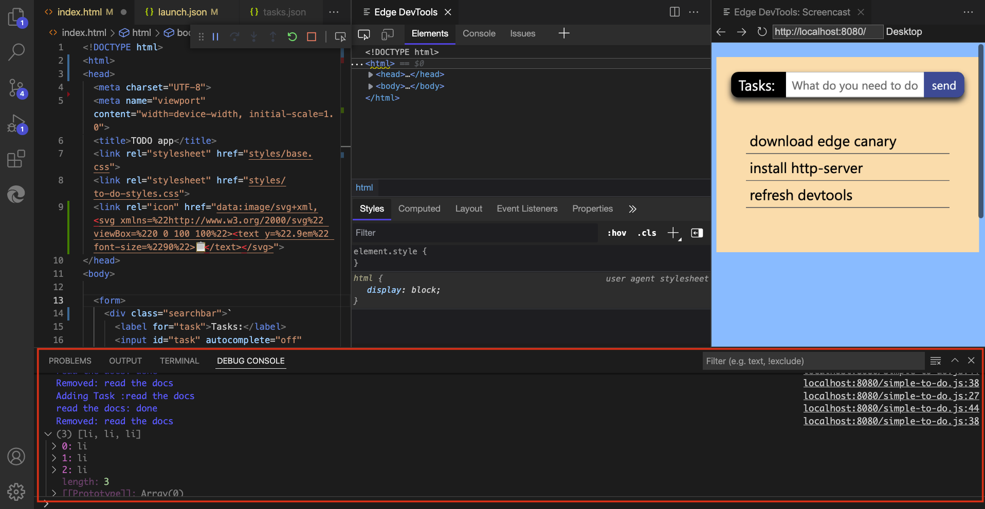The DevTools Console is available when the extension is launched from a Run and Debug workflow.