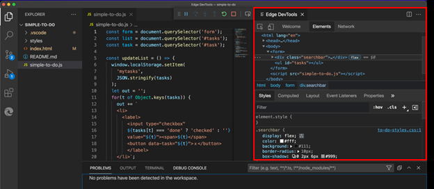 The Inspect button opens Microsoft Edge DevTools inside Visual Studio Code.