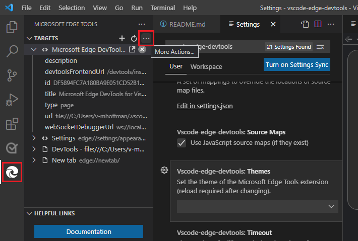 The More Actions icon on the Microsoft Edge Tools: Targets panel, to change the settings of the DevTools extension.
