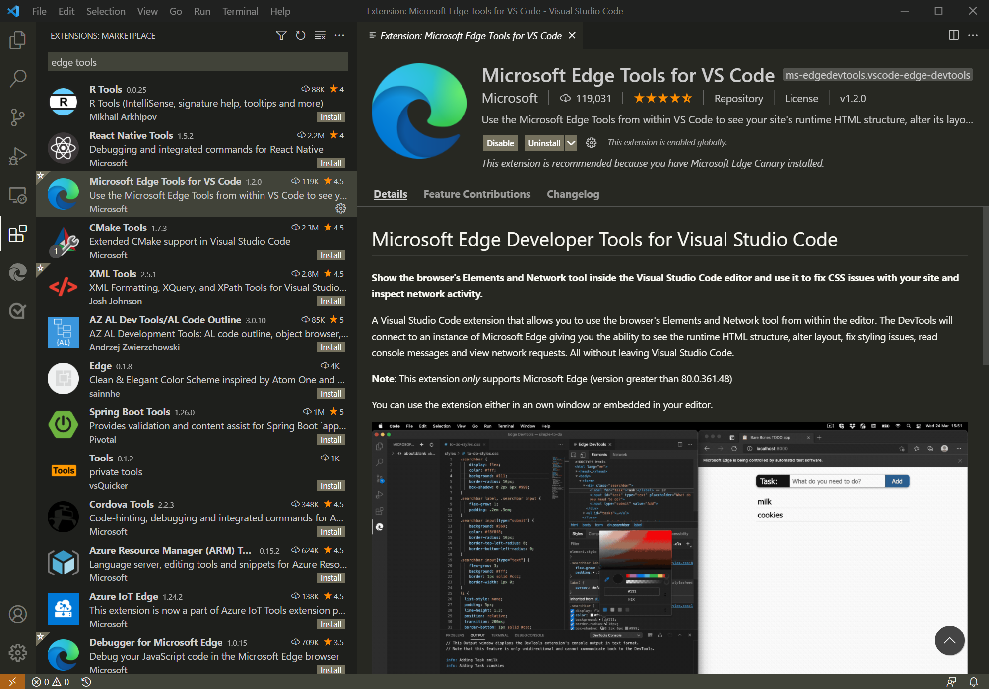 Installing the Microsoft Edge DevTools extension for Visual Studio Code.