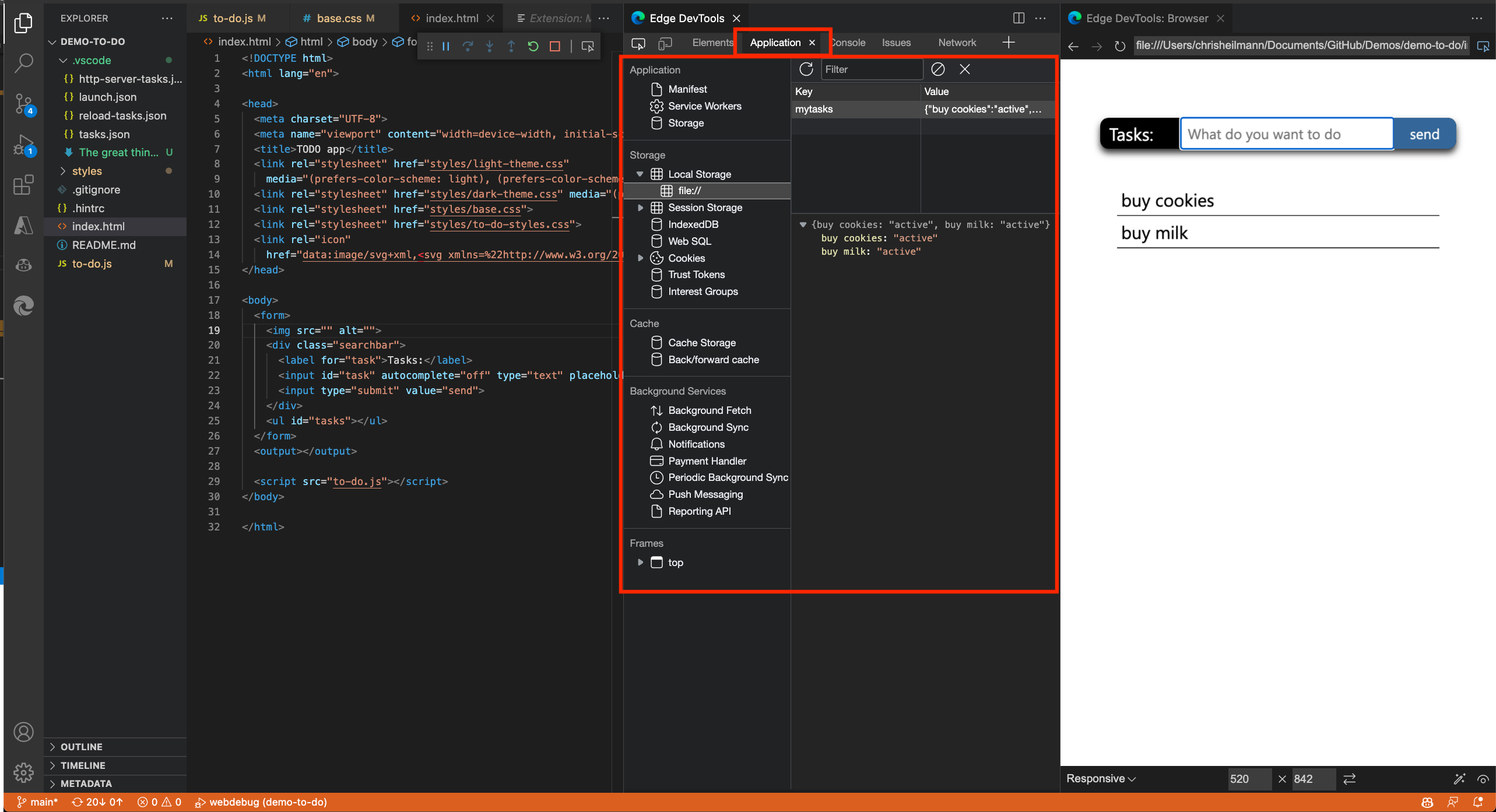 The Application tool inside the Edge DevTools for Visual Studio Code extension